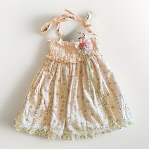 Haute Baby Size 2T 100% Cotton Floral Dress Pink Lace Smocked Ribbon Accents